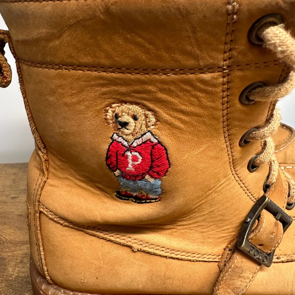Polo Ralph Lauren Ranger Boots Tan Leather Polo Bear Moc Toe Buckle - Picture 2 of 13